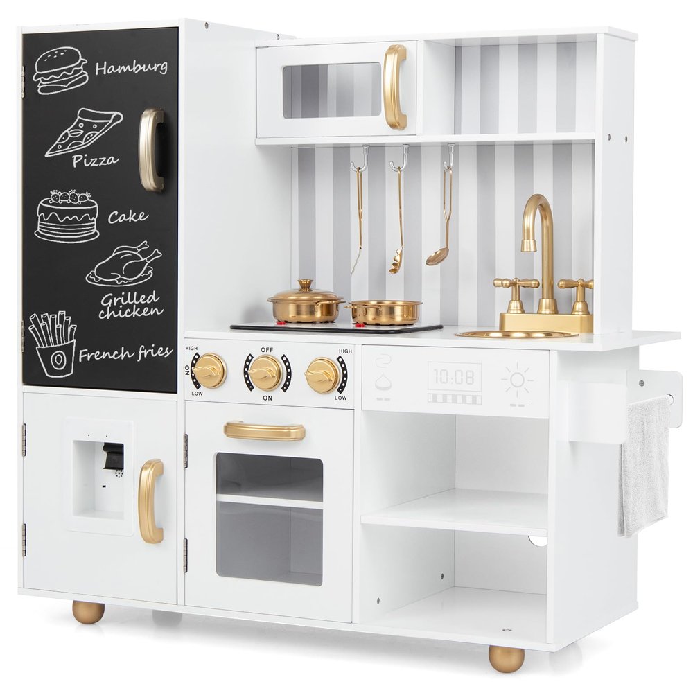 CHEFJOY Kids Play Kitchen, Wooden Kids Pretend Cooking Toy w/Microwave, Easy Bake Oven, Water Dispenser, Chalkboard&Cooking Accessories, Toddler Kitchen Playset Toys for Girls & Boys (White + Golden)