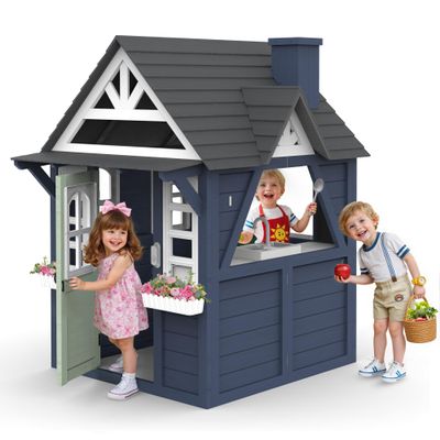 Segmart Outdoor Kids Playhouse, Modern Fir Wood Indoor/Outdoor Play House for Ages 38 with Play Kitchen, Sink, Stove, Cookware, Chalkboard, Flowerpot Holders & Working Doorbell (Blue)