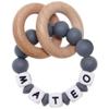 Munchewy Personalized Baby Keepsake Rattles with Name, Customizable Silicone Baby Keepsake Rattle with Natural Organic Beech Wood Rings for Gift (Grey) view 1