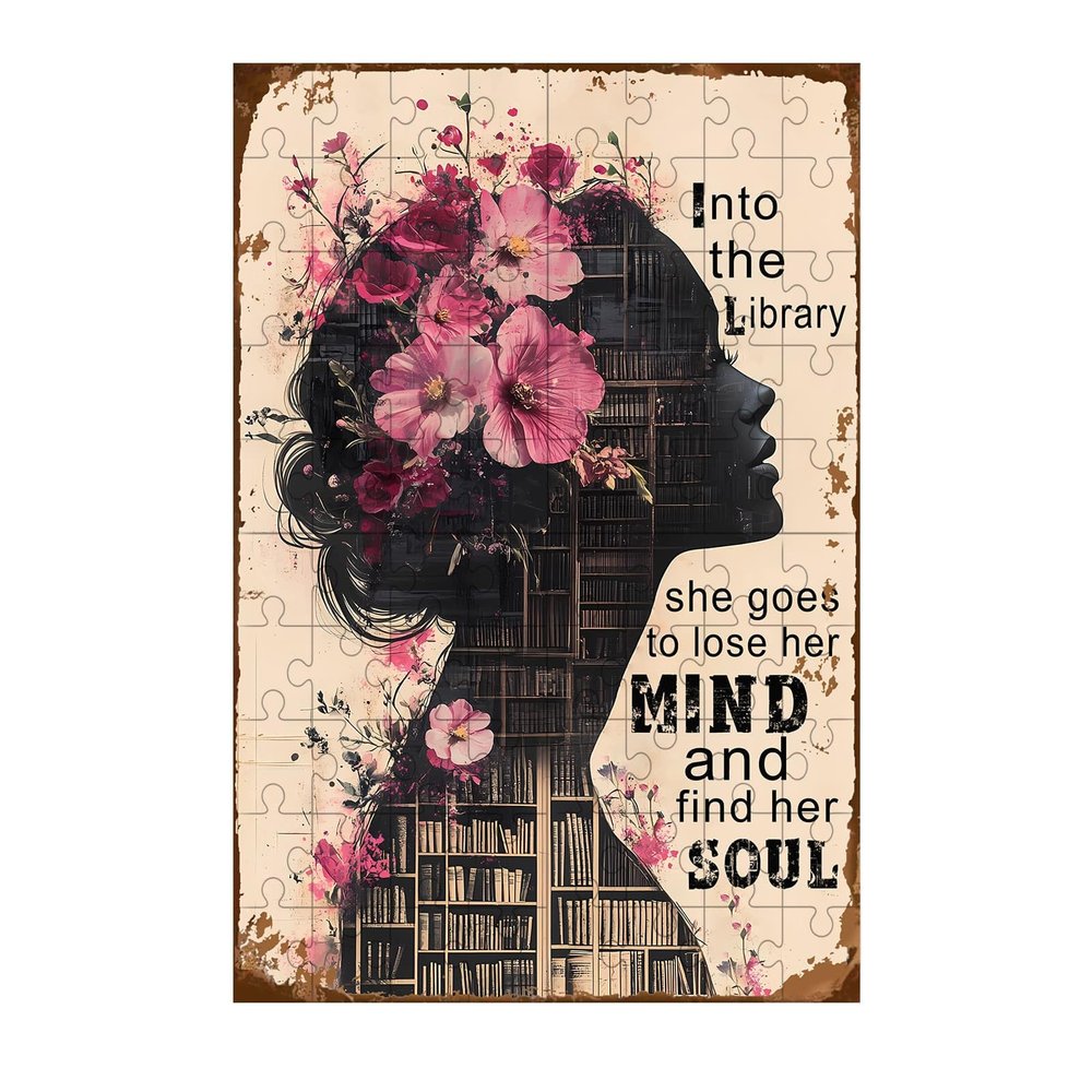 1000 Pieces Wooden Jigsaw Puzzle Girl Reading Book Into The Library She Goes to Lose Her Mind and Find Her Soul Challenging Educational Fun Family Games Toys Gifts Family Activities 29.5x19.7 Inch