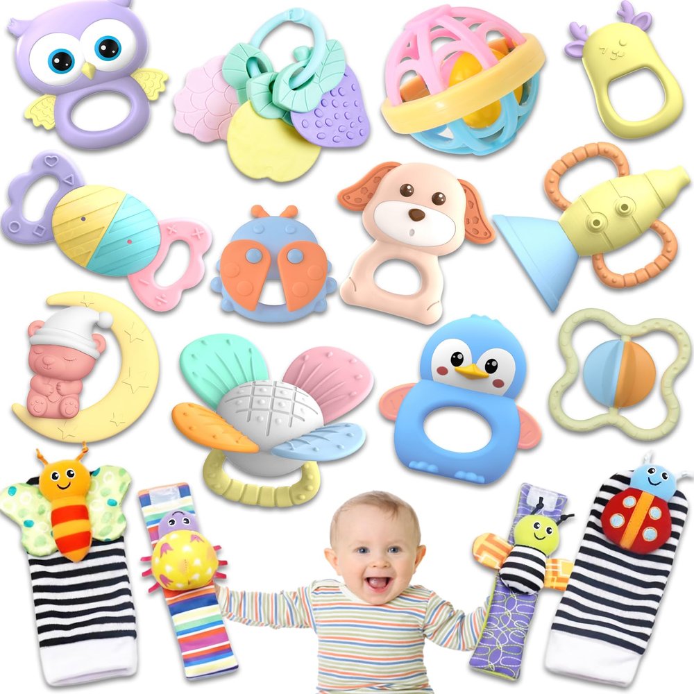 AZEN 16 Pack Baby Rattles Teething Toys 3-6 Months, Baby Toys 0-6 Months, Newborn Infant Toys 6-12 Months, Essentials Must Haves Wrist Socks Toddler Stocking Stuffers Valentines Gifts (Pink)