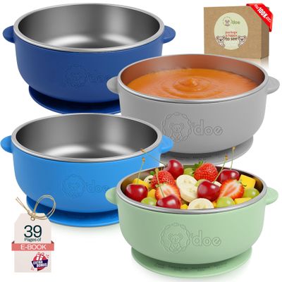 o'doe Baby Bowls Stainless Steel Baby Feeding Bowls with Suction | Non-Slip Toddler Bowls for Self Feeding | BPA-Free Kids Bowls for Baby Food | Stainless Steel Bowls Kids