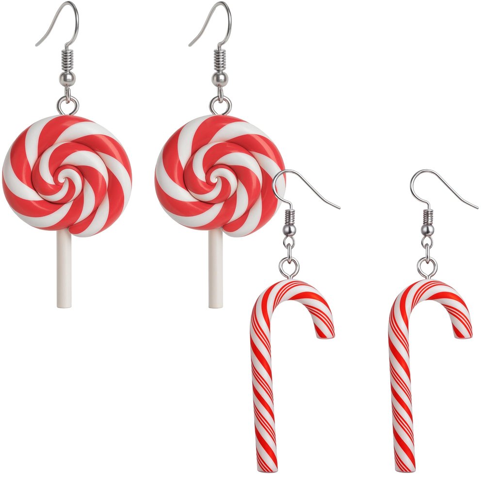 JazSwirl Lollipop Candy Cane Earrings Set for Women, 2 Pairs Red White Christmas Candy Earrings, Cute Fun Polymer Clay Holiday Earrings, Sweet Festive Jewelry Gifts for Christmas Party and Daily Wear