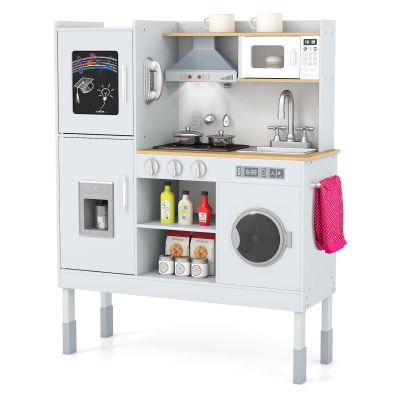 Costzon Kids Kitchen Playset, Wooden Toddler Montessori Toy Set w/Sound & Light, Adjustable Height, Range Hood, Stove, Microwave, Ice Maker, Phone, 16 PCS Accessories, Play Kitchen for Kids Ages 3+