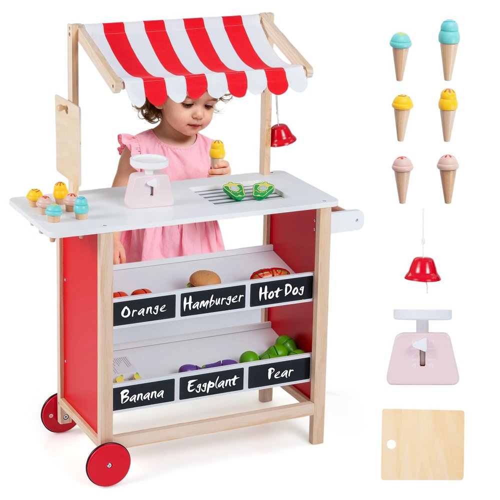 INFANS Wooden Grocery Store Marketplace Toy, Supermarket Pretend Play, Extra Storage 6 Ice Creams Scales Bells Chalkboards, Fun Indoor Farmer's Market Stand Set Gift for Ages 3+