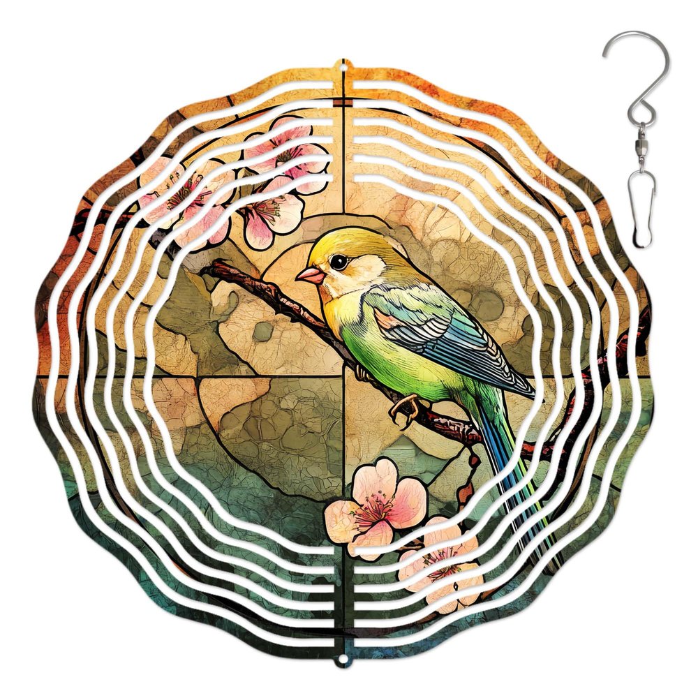 Bird Perches on a Branch Spinner Windchime 3D Metal Sculpture Wind Spinner Hanging for Outdoor Garden Patio Yard Decoration 10x10inch
