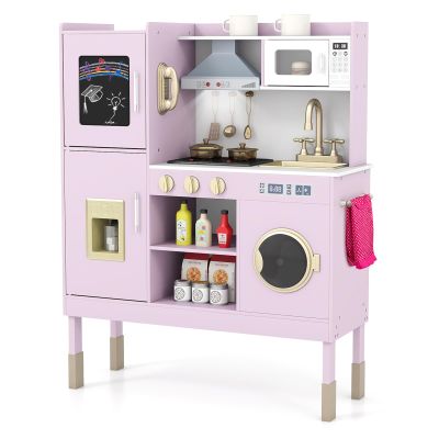 Costzon Kids Kitchen Playset, Wooden Toddler Montessori Toy Set w/Sound & Light, Adjustable Height, Range Hood, Stove, Microwave, Ice Maker, Phone, 16 PCS Accessories, Play Kitchen for Kids Ages 3+
