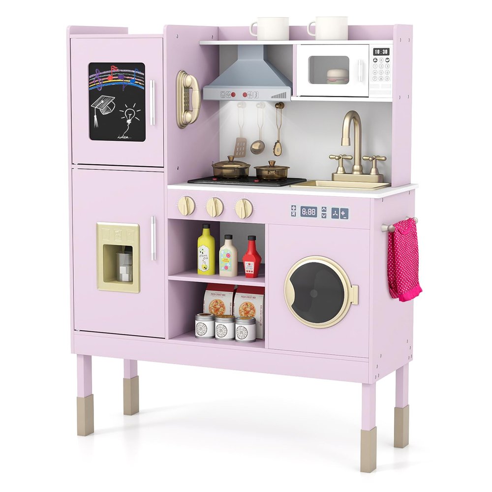 Costzon Kids Kitchen Playset, Wooden Toddler Montessori Toy Set w/Sound & Light, Adjustable Height, Range Hood, Stove, Microwave, Ice Maker, Phone, 16 PCS Accessories, Play Kitchen for Kids Ages 3+