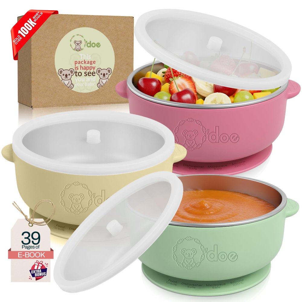 o'doe Baby Bowls with Lids  Stainless Steel Baby Feeding Bowls with Suction | Non-Slip Toddler Bowls for Self Feeding | BPA-Free Kids Bowls for Babys Food & Snacks | Stainless Steel Bowls Kids