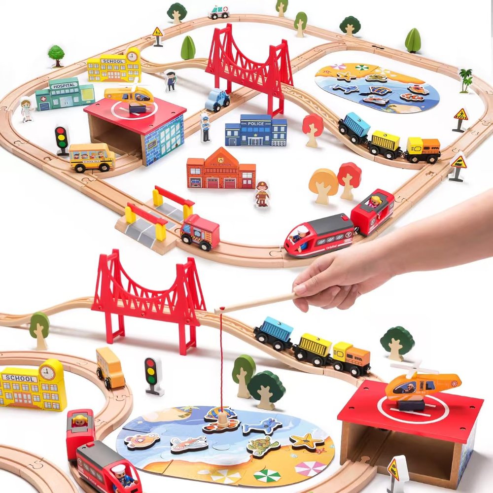 TradeWings 118PCS Wooden Train Set, City Scene Railway Playset with Wooden Tracks for Kids Ages 3-8, Ideal Toy Gift for Toddlers Kids Boys Girls Christmas Birthday, Compatible with Major Brands