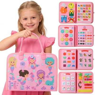 Seozio Busy Board Montessori Toys, Educational Activity Book Board Sensory Travel Toy for Toddler Girls, 8 in 1 Preschool Learning Activities, Quiet Book Gift for Kids.