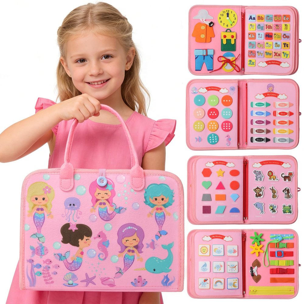 Seozio Busy Board Montessori Toys, Educational Activity Book Board Sensory Travel Toy for Toddler Girls, 8 in 1 Preschool Learning Activities, Quiet Book Gift for Kids.