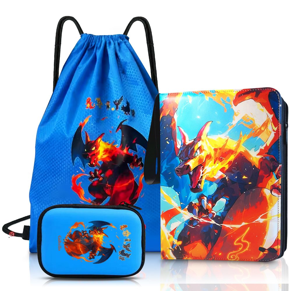 Giftello Card Binder 900 Cards, Premium Zip Pokemon Trading Card Binder with 50 Removable Sleeves, Collector Album, Toploader Binder, Waterproof Drawstring Bag + Card Protector Case 11x8x4 cm