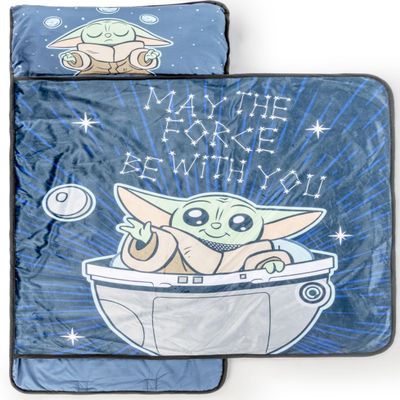 Jay Franco Kids Nap Mat with Embedded Pillow & Blanket  Soft 46"x20" Microfiber Sleeping Bag with Name Tag & Handle Blue - Mandalorian