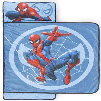 Jay Franco Kids Nap Mat with Embedded Pillow & Blanket  Soft 46"x20" Microfiber Sleeping Bag with Name Tag & Handle for School, Travel, Sleepover, Blue - Spiderman