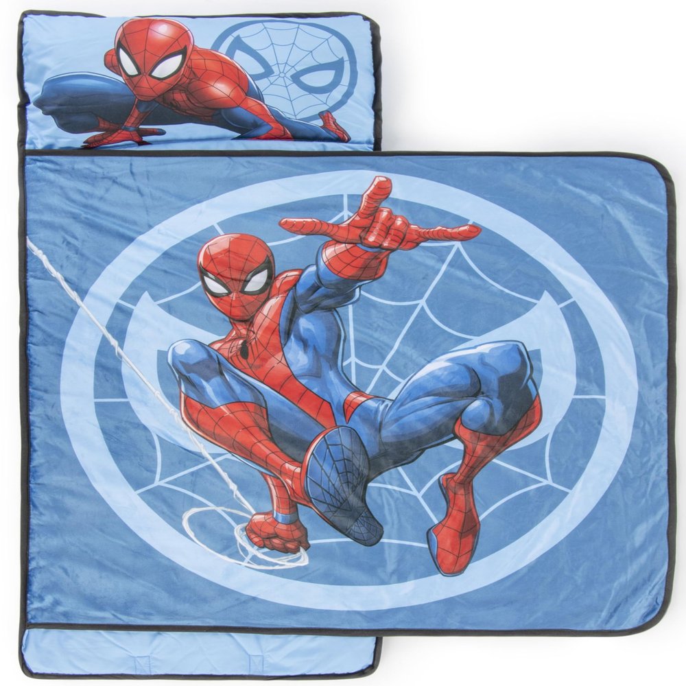 Jay Franco Kids Nap Mat with Embedded Pillow & Blanket  Soft 46"x20" Microfiber Sleeping Bag with Name Tag & Handle for School, Travel, Sleepover, Blue - Spiderman