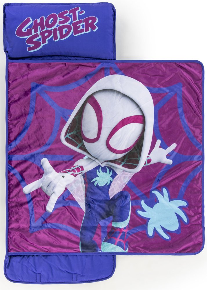 Jay Franco Kids Nap Mat with Embedded Pillow & Blanket  Soft 46"x20" Microfiber Sleeping Bag with Name Tag & Handle Purple - Ghost Spider