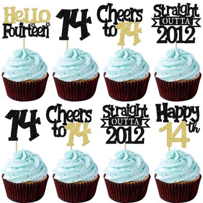 30 Pack Happy 14th Birthday Cupcake Toppers Glitter Black Gold Ten Straight Outta 2012 Cupcake Picks Cheers to 14 Years Cake Decorations for Baby Shower Boys Girls Kids 14th Birthday Party Supplies