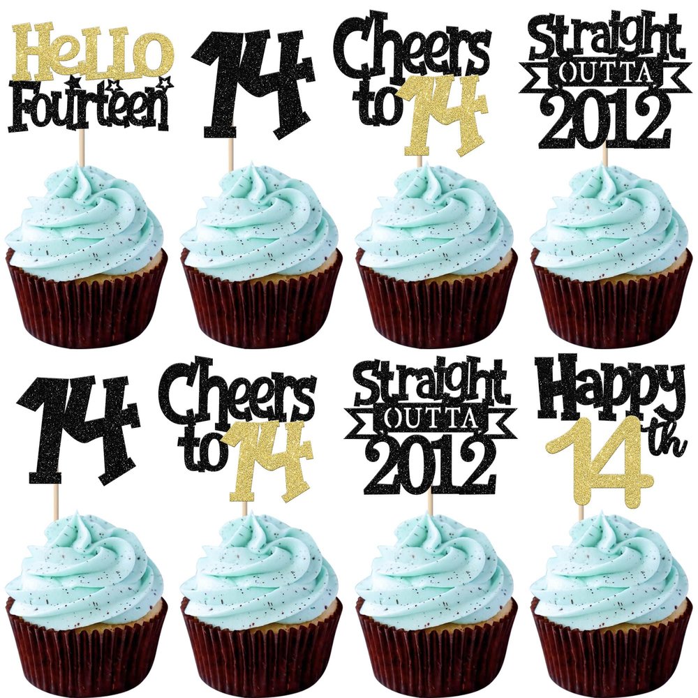 30 Pack Happy 14th Birthday Cupcake Toppers Glitter Black Gold Ten Straight Outta 2012 Cupcake Picks Cheers to 14 Years Cake Decorations for Baby Shower Boys Girls Kids 14th Birthday Party Supplies