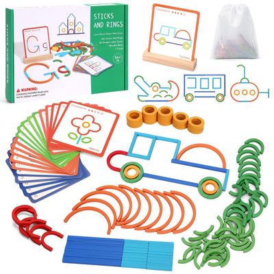 Arnbz 142 PCS Montessori Smart Sticks Generation Toys, Wooden Sticks and Rings Puzzle Game with 20 Double-Sided Cards, Wooden Pattern Blocks Shape Puzzles Stick