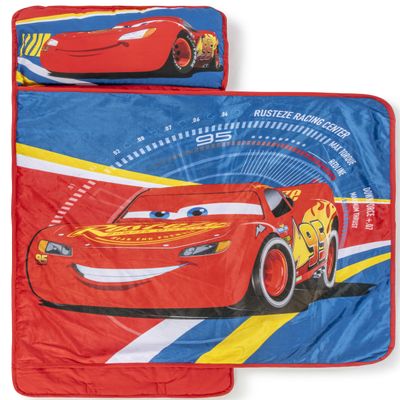 Jay Franco Kids Nap Mat with Embedded Pillow & Blanket  Soft 46"x20" Microfiber Sleeping Bag with Name Tag & Handle Blue - Cars