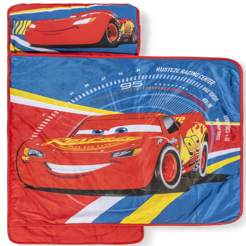 Jay Franco Kids Nap Mat with Embedded Pillow & Blanket  Soft 46"x20" Microfiber Sleeping Bag with Name Tag & Handle Blue - Cars
