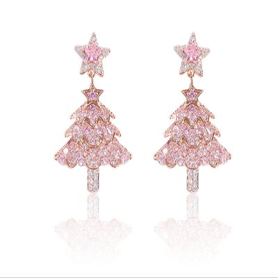 Pink zircon inlaid three-layer Christmas tree earrings, suitable for attending parties, festivals, and parties