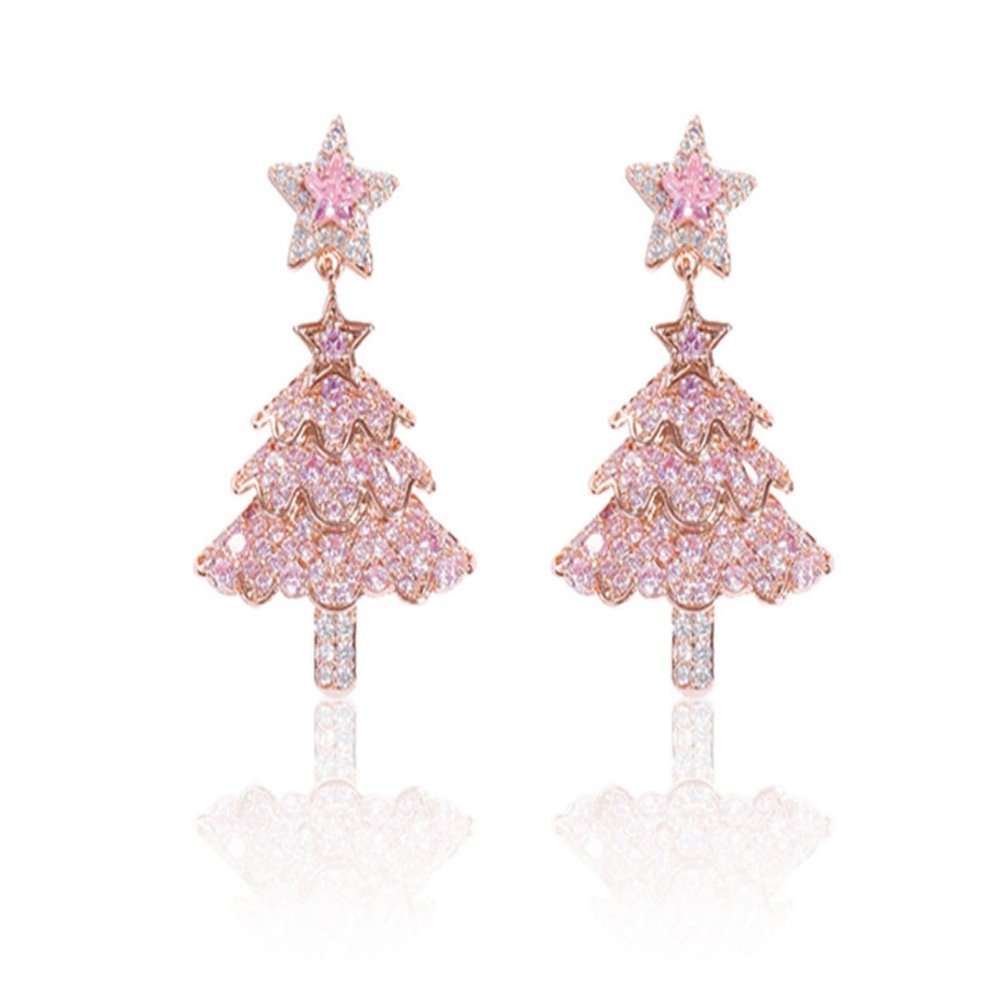 Pink zircon inlaid three-layer Christmas tree earrings, suitable for attending parties, festivals, and parties