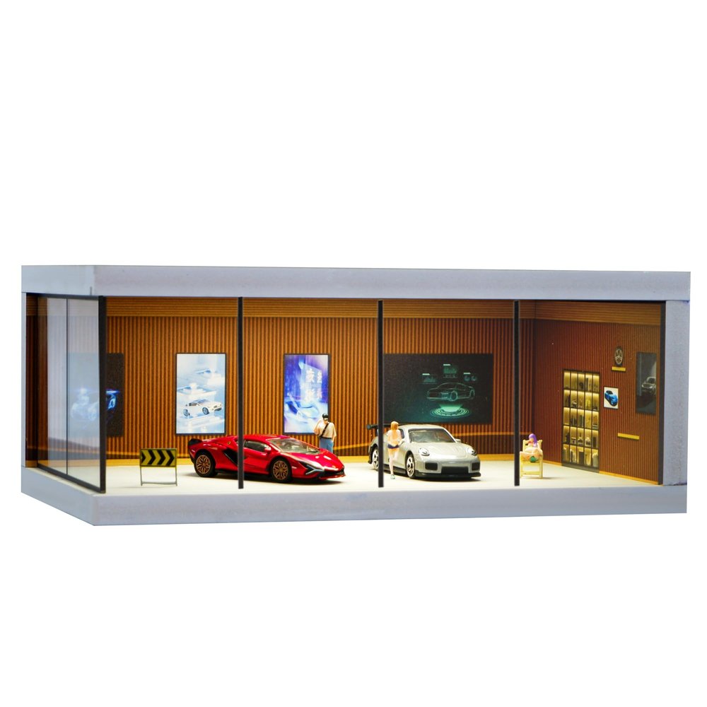 SOCANGJIA 1/64 Diecast Car Model Display Case with Clear Acrylic Dustproof,Garage Showroom Scene with Lighting,Stackable PVC Storage Box for Hot Wheels Collectibles Diorama Parking Organizer (Brown)