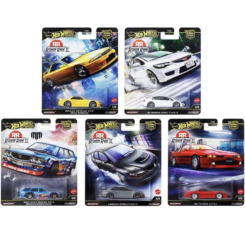 1:64 Scale Diecast Model Car Compatible with Hot Wheels Premium Car Culture Ronin Run II M Case Set of 5 Cars, FPY86-961M