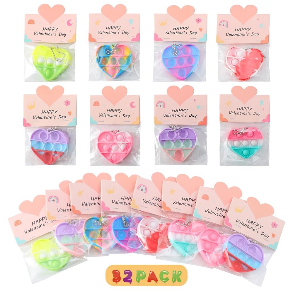 32 Pack Valentine Gifts for Kids - Cards with Mini Heart Pop Fidget Toys Bulk - Valentine Exchange for Girls Boys School Class Classroom Fidget Toys Party Favors