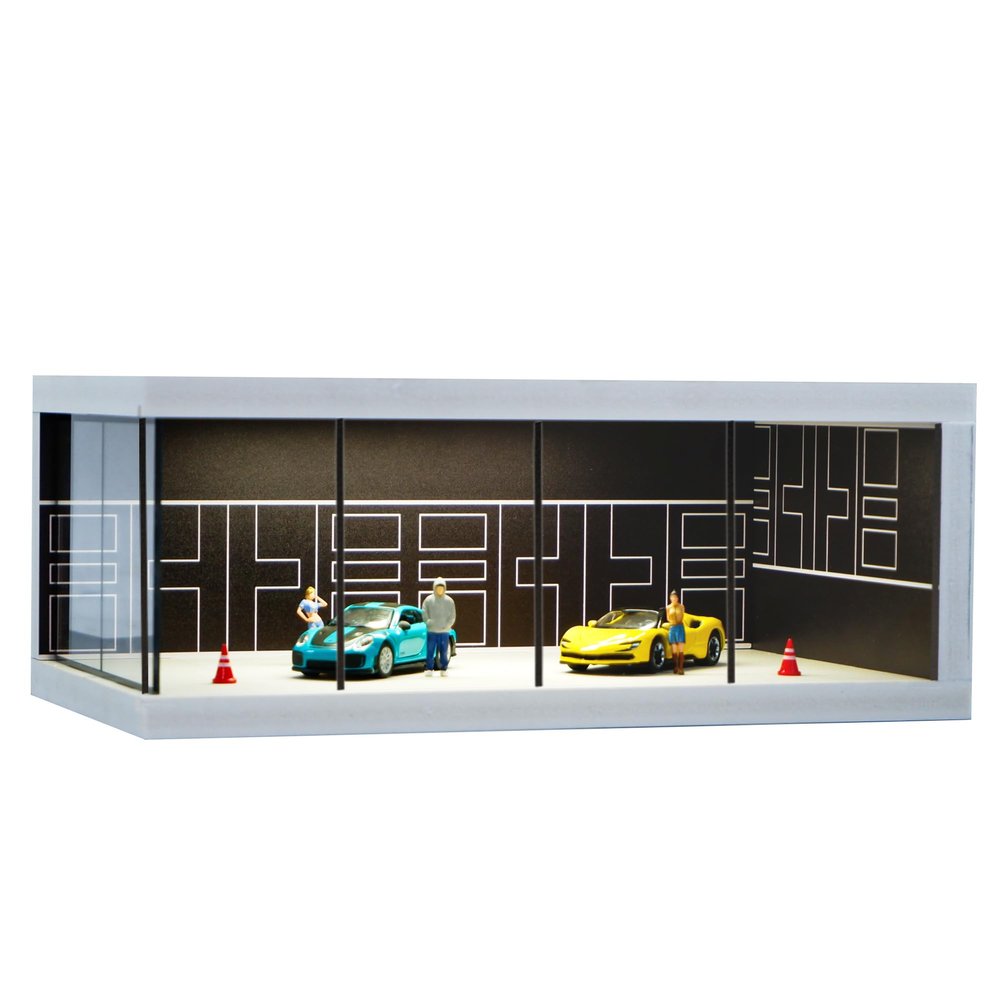 SOCANGJIA 1/64 Diecast Car Model Display Case with Clear Acrylic Dustproof,Garage Showroom Scene with Lighting,Stackable PVC Storage Box for Hot Wheels Collectibles Diorama Parking Organizer (Black)