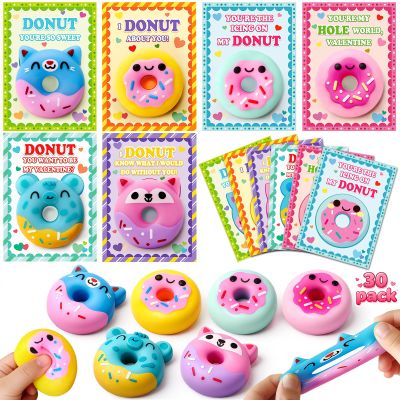 30 Pcs Kids Valentines Day Cards with Stretchy Donut Toys, Valentines Day Gifts for Kids Classroom, Squeeze Toy for Kid Valentines Gifts Exchange, Kid Valentines Party Favors Supply for Boys Girls