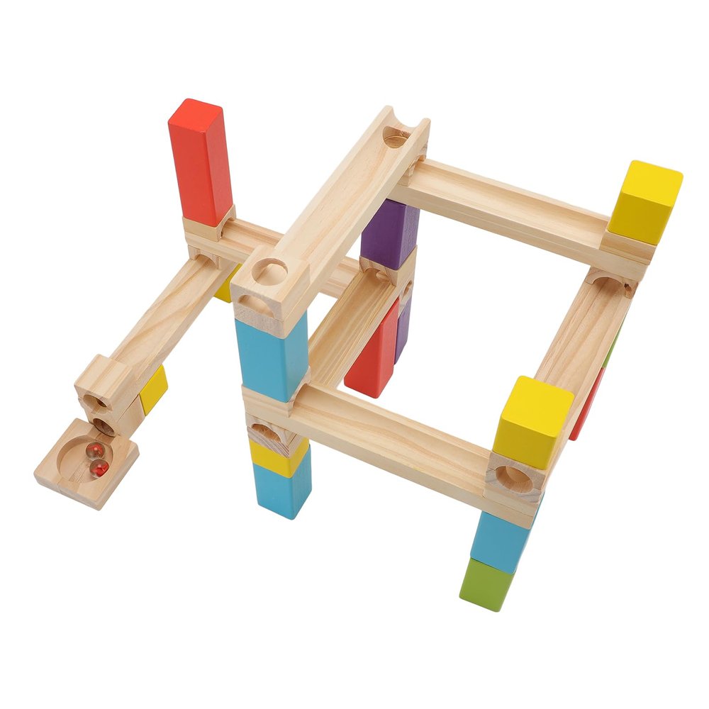 Pongnas Wooden Marble Run Construction Toy STEM Learning Building Blocks for Kids with Pine Wood Track Maze Game for Parent Child Interaction