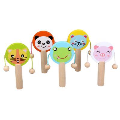 FRCOLOR 5pcs Wooden Rattle Cartoon Animal Handheld Drums for Early Education Sensory Development Portable Plaything with Smooth Surface Material