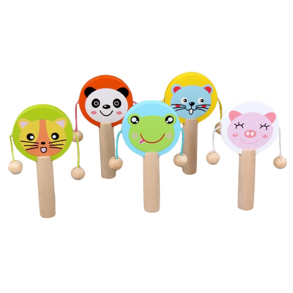 FRCOLOR 5pcs Wooden Rattle Cartoon Animal Handheld Drums for Early Education Sensory Development Portable Plaything with Smooth Surface Material