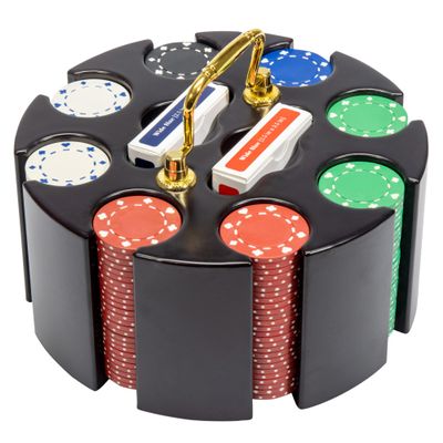 Playzaic Suited Poker Chip Carousel Set - 200 11.5-Gram Clay Composite Chips with Wooden Spinning Case, 2 Decks of Cards - Non-Denominated Casino Chips for Poker, Blackjack, and Home Games