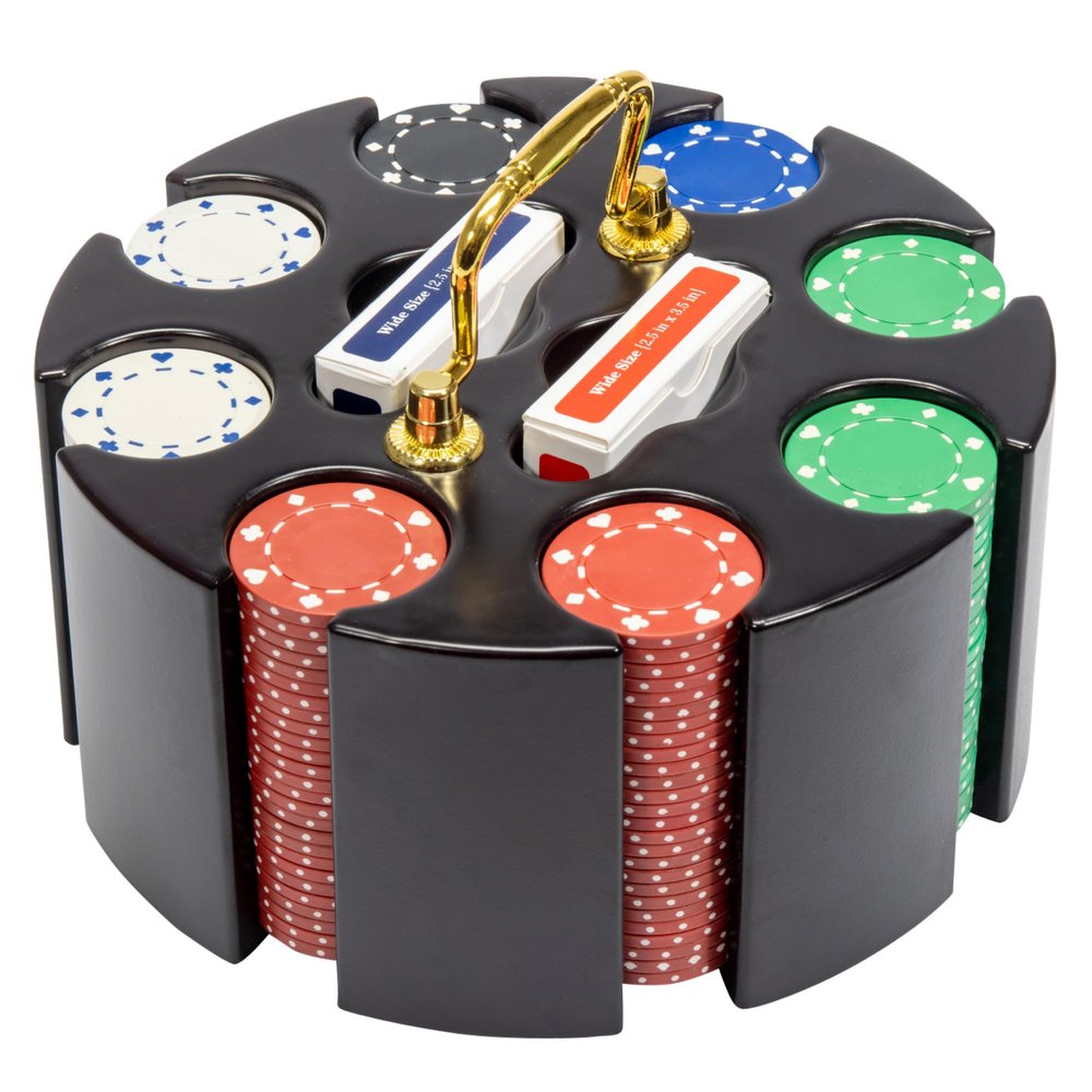 Playzaic Suited Poker Chip Carousel Set - 200 11.5-Gram Clay Composite Chips with Wooden Spinning Case, 2 Decks of Cards - Non-Denominated Casino Chips for Poker, Blackjack, and Home Games