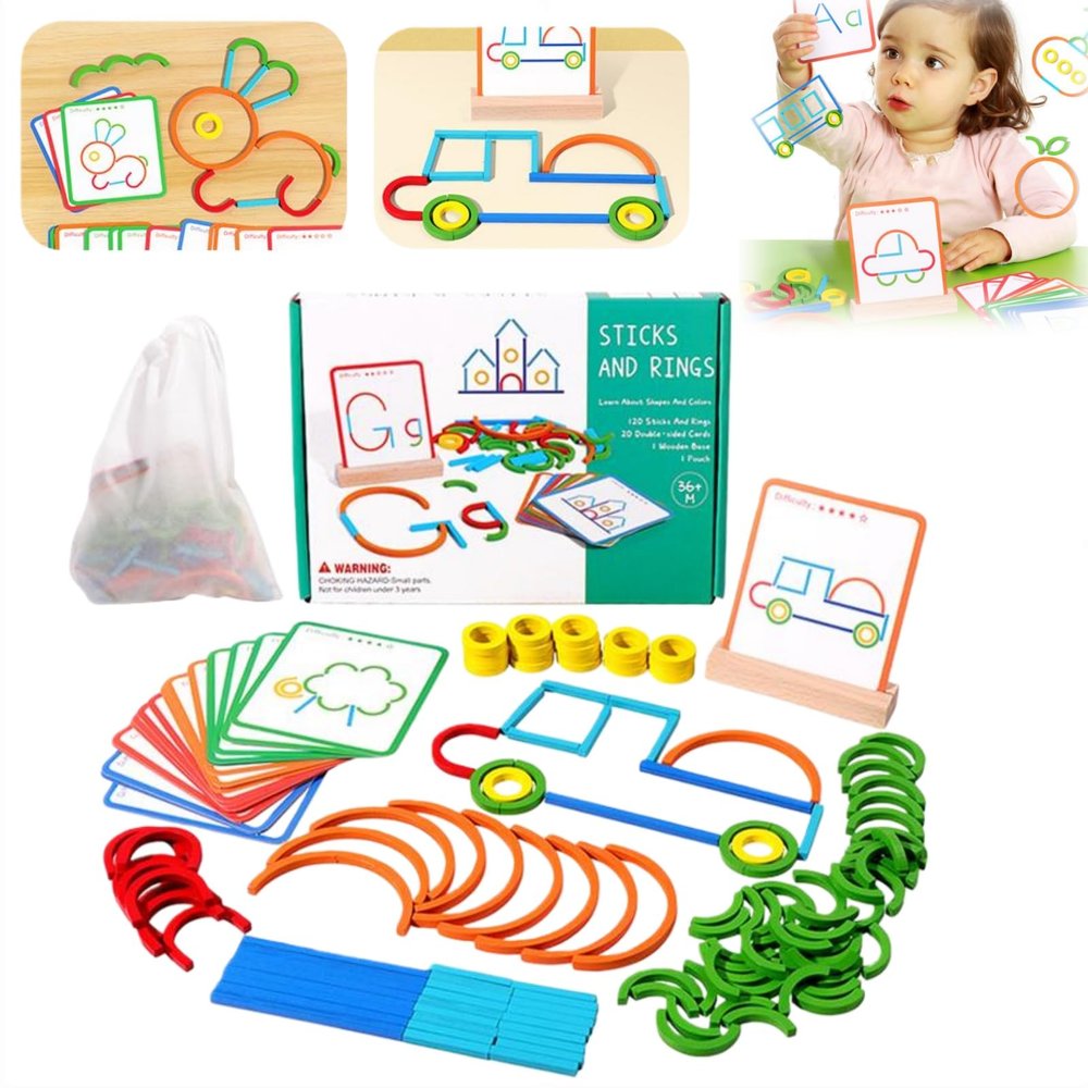 120Pcs Wooden Pattern Blocks Set with Sticks and Rings,2025 New Quick Thinking Puzzle Blocks,Wooden Sticks and Rings Puzzle Game,Boost Creativity,Imagination & Focus,Stay Away from Screens