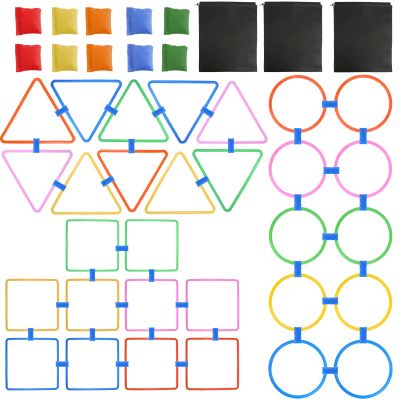 PEDOBALI 3 Set Hopscotch Ring Game Set with Connectors Multi Colored Plastic Rings Squares Triangle for Kids Agility and Balance Training Obstacle Course, Indoor Outdoor Activity, Birthday Fun Play