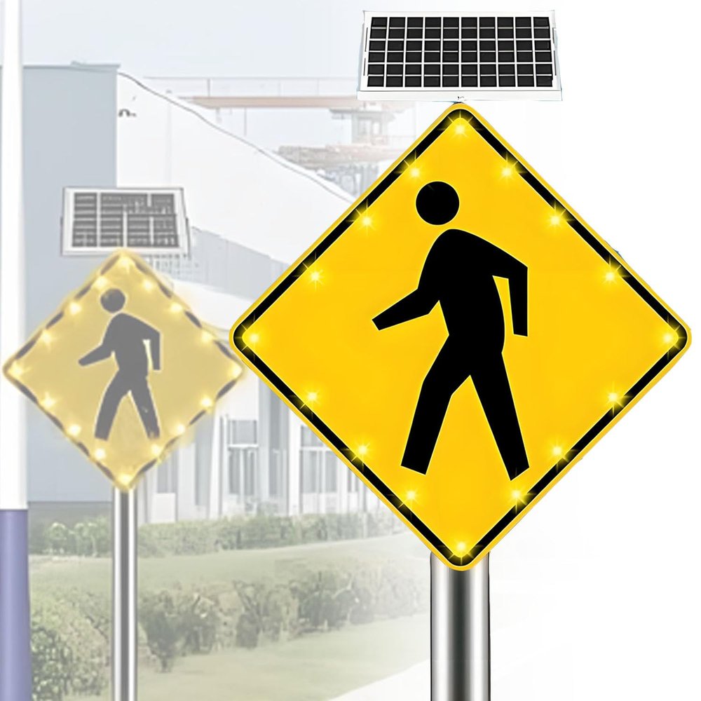 16 Flashing LED Highlight Road Traffic Blinking Street Warning Sign,Solar Pedestrian Crossing Sign,Aluminum IP65,Weatherproof Crosswalk Signs for Park School Urban 24inches