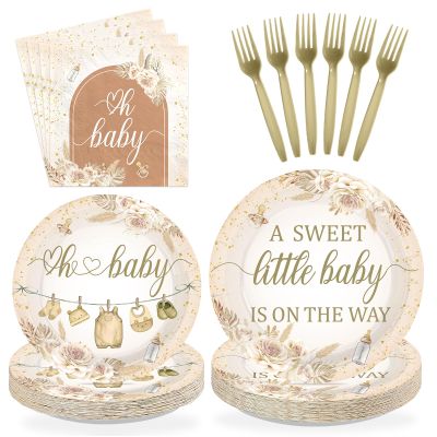 Greencian 96 Pcs Boho Baby Shower Brown Floral Party Decorations, Serves 24
