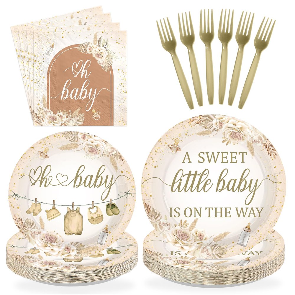 Greencian 96 Pcs Boho Baby Shower Brown Floral Party Decorations, Serves 24