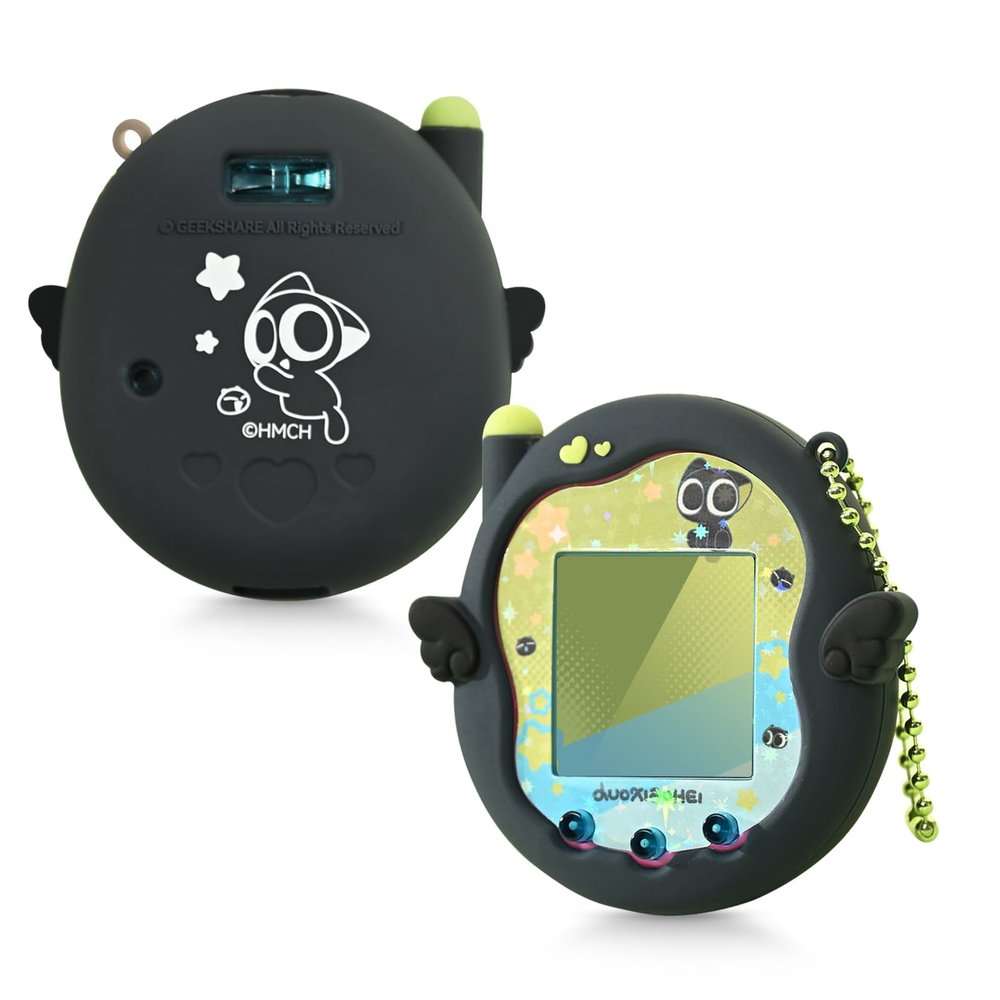 GeekShare Silicone Protective Case Compatible with Tamagotchi Uni, Cute Cartoon Black Cat in Starry Sky Design Cover Skin Shell (Solid Black)