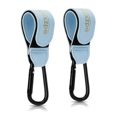 2 Pack Stroller Hooks for Hanging Diaper Bags and Shopping Bags, Accessories for Stroller and Shopping Cart, Heavy Duty Durable Large Carabiner, Advanced Faux Leather, Baby Blue