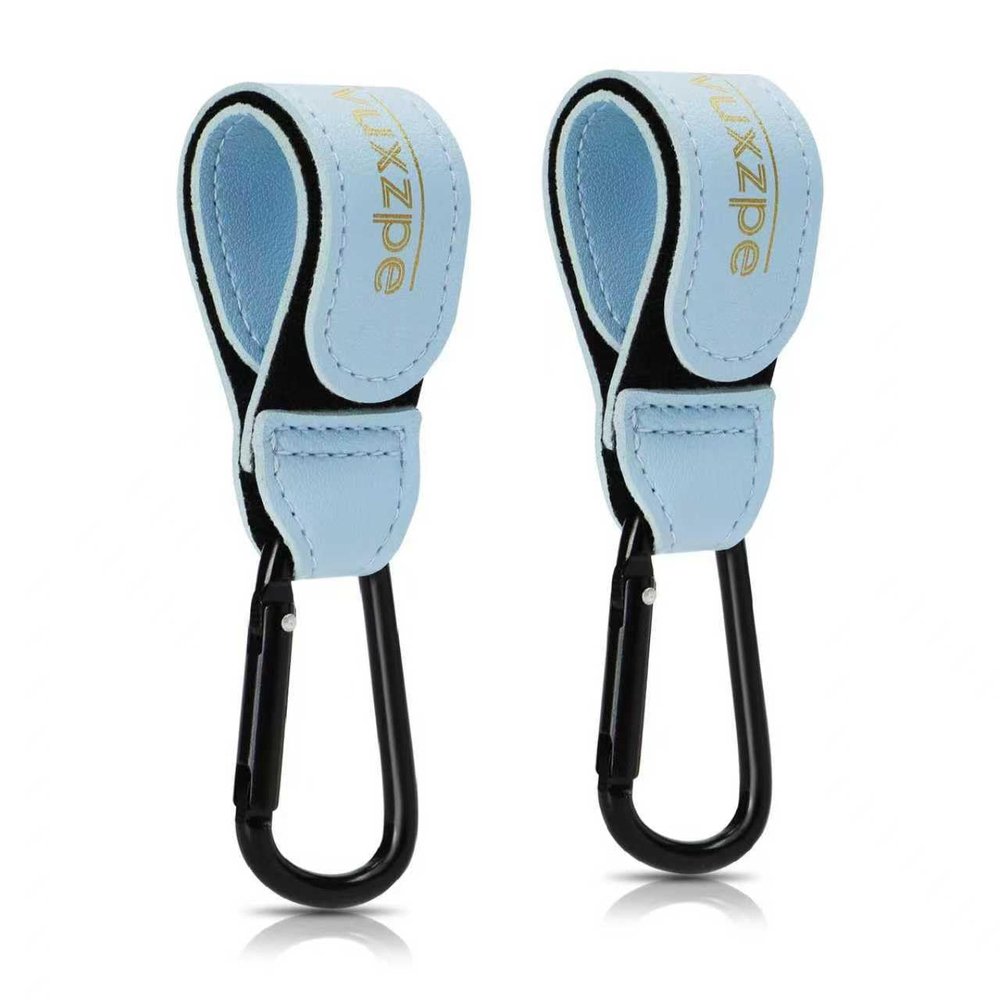 2 Pack Stroller Hooks for Hanging Diaper Bags and Shopping Bags, Accessories for Stroller and Shopping Cart, Heavy Duty Durable Large Carabiner, Advanced Faux Leather, Baby Blue