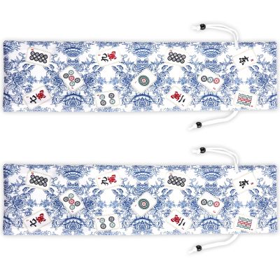 Bornerwhite 2 Pcs Blue Drawstring Mahjong Bags Protective Sleeve Printed Tile Bag 26 Inches Mahjong Racks for Tiles and Pushers for Mahjong Accessories and Gifts(Empty Bag Only)