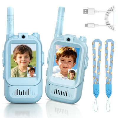Video Walkie Talkies for Kids, Handheld 2 Pack Rechargeable Video Intercom Kids Walkies Talkies, Indoor Outdoor Toys for Family Games, Outside, Camping, Hiking for Boys Girls Ages 3-12 (Blue/Blue)