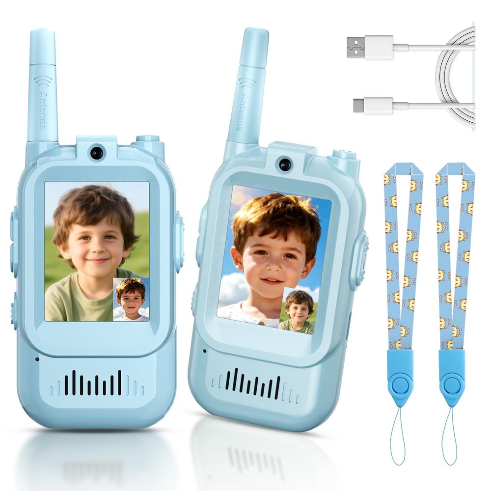 Video Walkie Talkies for Kids, Handheld 2 Pack Rechargeable Video Intercom Kids Walkies Talkies, Indoor Outdoor Toys for Family Games, Outside, Camping, Hiking for Boys Girls Ages 3-12 (Blue/Blue)