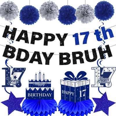 17th Birthday Decorations Banner Boys - 14 Pcs Blue Sliver Pre-Strung Bday Bruh Its My Birthday Banner Honeycomb Centerpieces Swirls Table Topper Sign Pompoms For 17 Year Old Party Supplies